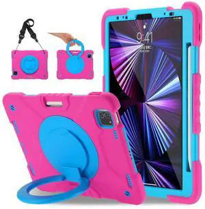 Andnary Case for iPad Pro 11 Inch 4th 2022/3rd 2021/2nd 2020/1st Gen 2018, iPad Air 10.9 Inch 2022/2020 5th/4th Generation Case with Pencil Holder/360deg Rotating Handle Stand, Pink+Blue