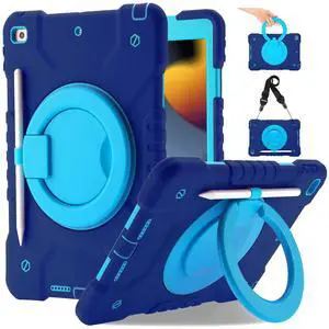 Andnary Case for iPad 10.2 inch 9th/8th/7th Generation, Heavy Shockproof Protective Cover with 360deg Rotating Handle/Bracket/Pen Holder/Shoulder Strap, Case for iPad 2021/2020/2019, Navy+Blue
