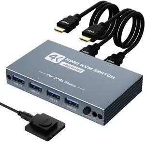 KVM Switch 1 Monitors 2 Computers, 4K@60Hz KVM Switch, USB3.0 Switch, KVM Switches for 2 Computers Sharing Monitor Keyboard Mouse Printer, Included 2 HDMI Cables 2 USB Cables and Controller (Gray)
