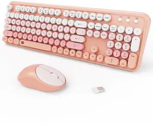 Wireless Keyboard and Mouse Combo, 2.4GHz Colorful Typewriter Cute Full-Sized Round Keycaps Keyboard for Office Computer PC Desktops Laptop