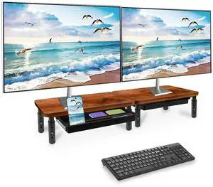 BEHEY Monitor Stand with Storage Drawer, 2 Pcs Wood Riser with Metal Bracket for Desk, Adjustable Desk Shelf for Top of Desk 3 Levels of Height & Angle, Computer Laptop Desktop Organizer Rustic Brown