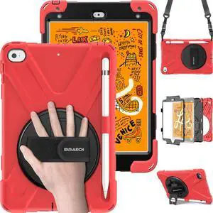 BRAECN for iPad Mini 5th Generation Case for Kids, iPad Mini 4 Protective Case with 360 Rotating Kickstand Hand Strap and Shoulder Strap Pencil Holder for iPad Mini 5/4th Gen 7.9 Inch-Red