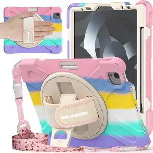 BRAECNstock Kids Case for iPad Air 11 inch (M3/M2)/ Air 5th/4th Gen 10.9"/ Pro 11 inch 4th/3rd/2nd/1st Gen, Shockproof with Screen Protector, Pencil Holder, Rotating Hand Strap+Stand, Colorful Pink