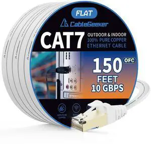 CableGeeker Cat7 Shielded Ethernet Cable 150ft (Highest Speed Cable) Flat Ethernet Patch Cable Support Cat5/Cat6 Network,600Mhz,10Gbps - White Computer Cord + Free Clips and Straps for Router Xbox