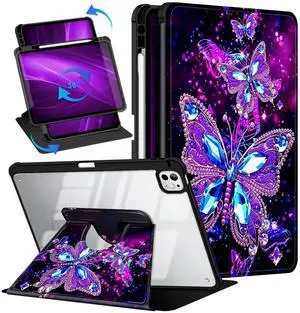 Casetego for iPad Pro 13 Inch (M4) 2024 Case with Pencil Holder,360degRotating Adjustable Stand Protective Cover,All Butterfly