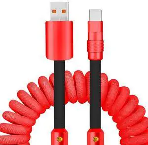 chubbycable Curly Chubby - 240W Coiled USB C Cable Spring Retractable Fast Charging Cable for Car Compatible with CarPlay, Android Auto, Red+Black, USB-A to Type-C, 2.29FT-3.6FT