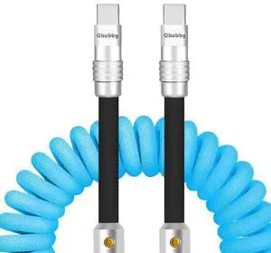 chubbycable Curly Chubby - 240W Coiled USB C Cable Spring Retractable Fast Charging Cable for Car Compatible with CarPlay, Android Auto, Light Blue and Black, Type-C to Type-C, 2.29FT-3.6FT