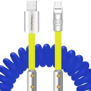 chubbycable Colorblock Chubby - Spring Braided Silicone Charge Cable Coiled USB C Cable Fast Charging Type C Charger Cord for Car, Dark Blue+Yellow, USB-A to Type-C, 2.29FT-3.6FT