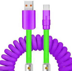 chubbycable Curly Chubby - 240W Coiled USB C Cable Spring Retractable Fast Charging Cable for Car Compatible with CarPlay, Android Auto, Purple+Green, USB-A to Type-C, 2.29FT-3.6FT