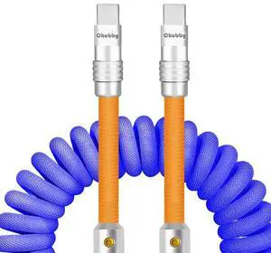 chubbycable Curly Chubby - 240W Coiled USB C Cable Spring Retractable Fast Charging Cable for Car Compatible with CarPlay, Android Auto, Dark Blue+Orange, Type-C to Type-C, 2.29FT-3.6FT