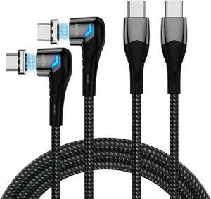 100W USB C to USB C Magnetic Charging Cable (2 Pack, 5ft) Right Angle Magnetic Phone Charger 5A PD Fast Charge Cord for MacBook Pro/Air, iPad Pro, iPhone 16 15 Pro, Galaxy S23