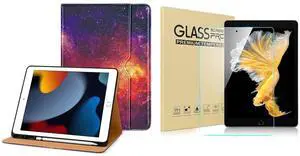 DTTO for iPad 9th/8th/7th Generation 10.2 Inch Case 2021/2020/2019, Premium Leather Business Folio Stand Cover with 1 Pack HD Clear Tempered Glass Screen Protector, Galaxy