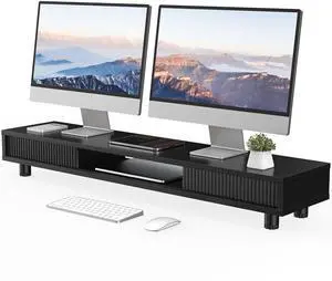 Fenge Dual Monitor Stand, 42.5inch Long Monitor Stands Riser for 2 Monitors, Sliding Door with Storage Organizer Stand for Desk, 2 Tier Desk Shelf for Laptop, Pc, Printer, Computer, TV