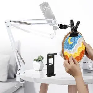 2Pcs White Adjustable Embroidery Hoops Stand for Hand Work,3-in-1 Hoop/Tablet/Phone Holder Desk Stand,Cross Stitch Frame Stand with 360deg Rotation,Needlework Frame Holder