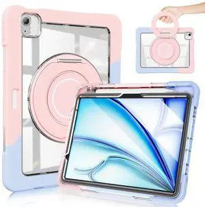 GILLKIN Case for iPad Air 11 Inch M3 (2025)/M2 (2024)- with Pencil Holder, Screen Protector and 360 Rotating Stand Heavy Duty Shockproof Dropproof Case for iPad Air 7th Gen/iPad Air 6th Gen,Blue-Pink