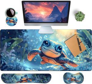 HaoSiTeck 4-Piece Extended Large Mouse Pad Set for Women Men with Turtle Anime Design Includes 35.4 x 15.7 XXL Large Mouse Pad Keyboard Wrist Rest Mouse Wrist Support and Coaster for Office Home