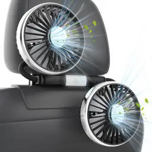 USB Car Fan for Backseat: Dual Rear Seat Fans for Kids Independently Controlled Heads and 2 LED Lights 360deg Rotatable Cooling Air Conditioner 3 Speeds Headrest Auto Cooler for Sedan SUV Truck Van