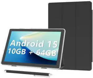 Android 15 Tablet 10 inch Tablets with Case, 10GB RAM + 64GB ROM (Expand to 1TB), Quad Core Processor Tablets, 5G WiFi 6, BT5.0, 1280x800 HD Screen, 6000mAh, Dual Camera, GMS, Widevine L1, Black