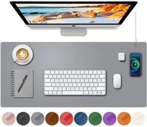 Desk Mat with Wireless Charging, Grey Mouse Pad with Wireless Charger, Desk Pad Matt for Desktop, Mousepad Gaming Large Mouse Pad, Leather Compute for Keyboard and Mouse, 32" x 16"