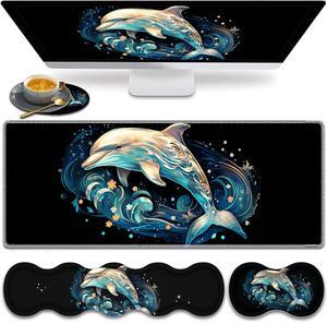 Large Gaming Mouse Pad, Keyboard Wrist Rest Pad + Mouse Wrist Pad + Coaster 4 in 1 Set, Extended Waterproof Non-Slip Desk Mat, Suitable for Office Home Learning Games, Dolphin