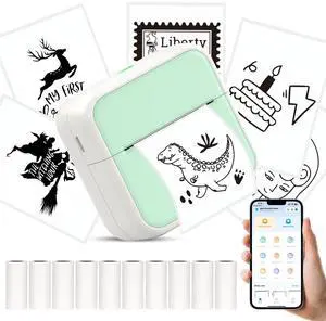 HUIJUTCHEN Mini Pocket Printer for iPhone/Android, Portable Mini Sticker Printer with 10 Rolls Non-Sticky Thermal Papers, Blue-Tooth Thermal Label Maker for Journal Memo Notes Photo Study, Green