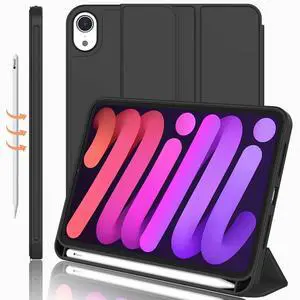 iMieet iPad Mini 7 Case 2024 (A17 Pro), iPad Mini 6 Case (8.3-Inch,2021 Model), iPad Mini 7th/6th Generation Case with Pencil Holder, Trifold Stand Smart Case with Soft TPU Back,Black