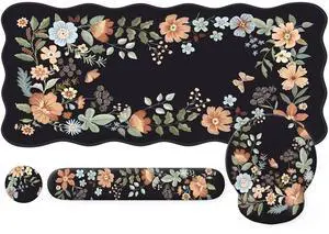 iLeadon Floral Mouse Pad Sets, Desk Matt for Desktop, Mouse Pad with Wrist Support, Extra Large Desk Size Mouse Mat+Cup Coaster with Non-Slip Base for Women Home Office (Black)