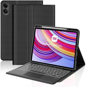 Touchpad Keyboard Case for Xiaomi Redmi Pad Pro 12.1 Inch 2024, 7 Colors Backlight Wireless Bluetooth Trackpad PU Folio Stand Cover Case with Pen Holder, Auto Sleep/Wake Up, Long Battery,Black