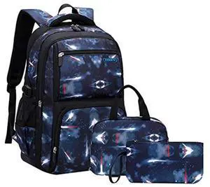 JiaYou Space Pattern Galaxy Backpack Boys Primary Junior Middle School Daypack Men High Middle School Laptop Bag(Space-Dark Blue,3Pcs Backpack Set)