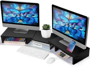 La Jaco Dual Monitor Stand Riser for 2 Monitors, Monitor Stand for Desk, Adjustable Length & Swivel Angle Wooden Desktop Organizer Stand Riser with Smartphone Holder for PC Monitor Laptop, Black