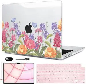 LCMOCICO for MacBook Pro 14 Inch Case 2024 M4 A3112 A3185 A3401 & A2992 A2918 M3 2023 & A2779 M2 2022 & A2442 M1 2021 with Touch ID, Printed Pattern Plastic Hard Shell Cover, Pink & Purple Flowers