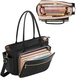 LUXJA Teacher Tote Bag with Accordion File Pocket, Teacher Bag for Women with 15.6 Inch Laptop Compartment, Black
