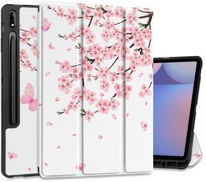 MEEgoodo Case for Samsung Galaxy Tab S10+ 2024/S9 Plus/S9 FE Plus 12.4 inch Cover 2023 with Pen Holder,Tablet Cases with Folding Stand+Soft TPU Back Shell + Smart Auto Wake/Sleep, Cherry Blossoms