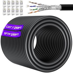 MEIPEK Cat 7 Outdoor Ethernet Cable Bulk 250ft (20 RJ45), SFTP Cat 7 Triple Shielded Ethernet Cable, High Speed 10Gbps 600Mhz, Direct Burial, UV Resistant, Waterproof LAN Cable for Router, Gaming