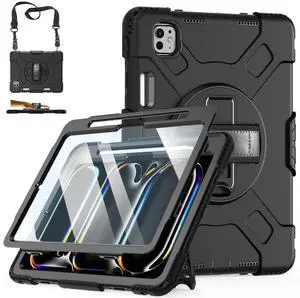 Case for iPad Pro 11 M4 2024: Protective Cover for iPad Pro 11 Inch 5th Generation with Screen Protector- Stand- Handle- Shoulder Strap- Pencil Holder- Black+Black