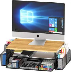 OPNICE Desk Organizers and Accessories, 2-Tier Computer Monitor Stand with Drawer and 2 Pen Holders, Office Desk Accessories Workspace Desktop Organizers for Office Supplies, Oak