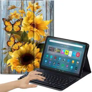 Qindaiwen Keyboard Case for  Fire Max 11 (13th Generation, 2023 Release) with Detachable Bluetooth Keyboard & Slim PU Leather Protective Cover, Sunflower