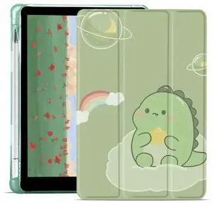 JOYLAND Cute Space Dinosaur Pad Case for iPad Air 4/Air 5, Full Body Protective with Pencil Holder, Smart Folding Case Clear, Auto Wake/Sleep Cover, 10.9 Inch, Green