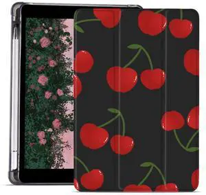 JOYLAND Red Cherry Girly Pad Case for 10.9 Inch iPad 2022/10th Generation with Pencil Holder, Auto Wake/Sleep Protective Case, Black Leather Clear TPU Trifold Stand Smart Case