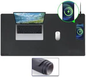 Qwxamz Leather Large Desk Mat with Wireless Charging and Sleek Wireless Charging Mouse Pad Surface Combo - Organize Your Workspace by Desk Charging Pad Mat, Mouse Pad for Keyboard and Mice Pad 32"x16"
