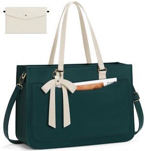 RAINSMORE Laptop Bag for Women 15.6 Inch Work Tote Bags Leather Laptop Tote Waterproof Computer Bag Professional Office Briefcase Large Handbag for College Teacher Travel, Beige and Green