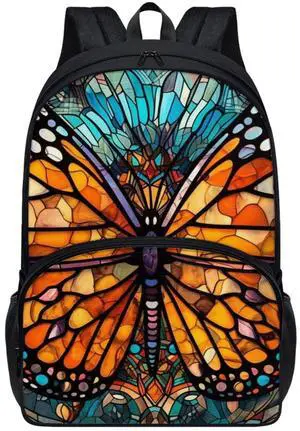 Rivatimrio Stained Glass Butterflies Backpacks Outdoor Travel Lightweight Cute Monarch Butterfly Bookbag Girls Boys Teenagers Laptop Compartments School Bag Orange Blue