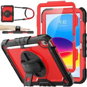 SEYMAC stock Case for iPad (A16) 11th/10th Generation 11''/10.9'' 2025/2022, Full-Body Drop Protection Case with Screen Protector &360° Rotate Hand Strap/Stand, Red+SiliconeBlack
