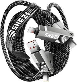 SHEZI Nylon Braided 4 in 1 USB C Cable 60W 10FT Compatible with Lightning, Fast Charging for iPhone/iPad Charger Cord [480Mbps Data Sync],Multi Charging Cable with Type C/USB A, Grey