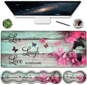 Ergonomics Keyboard Mouse Pad Set, Memory Foam Keyboard Wrist Rest Support,XXL Extended Big Wireless Gaming Mouse Mat 31.5x11.8 in Desk Pad, Red Flowers On Wooden Board Large Mouse Pad