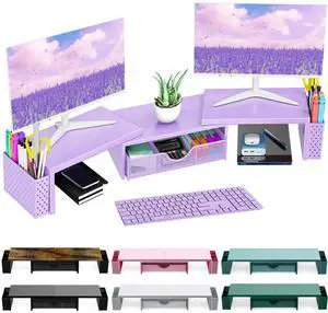 Spacrea Metal Desk Organizers and Accessories, Dual Monitor Stand Riser with Drawer and 2 Pen Holders, Desk Accessories & Workspace Desktop Organizers for Office Supplies (Purple)