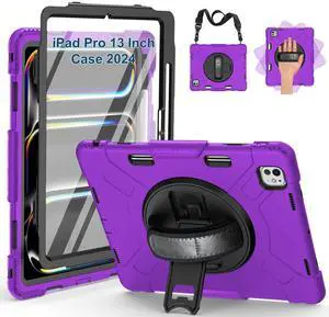 SUPFIVES Case for iPad Pro 13 Inch 2024 (7th Gen), with Screen Protector/Shoulder Strap/Pencil Holder/Handle/Rotating Stand, Purple