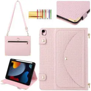 Handbag Case for iPad Air 3 2019/Pro 10.5", 10.2" iPad 9th/8th/7th Generation Cover with Pencil Holder, Techcircle Unique Pattern Folio Stand Functional Wallet Case with Shoulder Strap, Baby Pink
