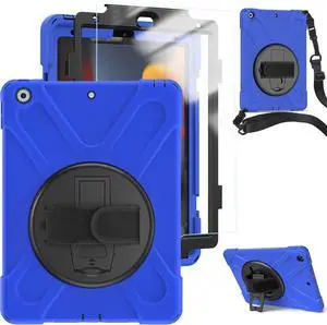 TSQ Case for 9th/8th/7th Generation 10.2 Inch w/Screen Protector for Kids Boys 2021/2020/2019 | Heavy Duty Shockproof Silicone Case w/ 360 Degree Rotatable Stand/Hand Shoulder Strap-Blue