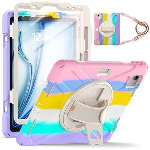 TSQQST Case for iPad Air 11 Inch M3 M2 2025 2024 for Kids Girls, iPad Air 7th/6th/5th/4th Generation 10.9" w/Screen Protector, Pencil Holder, Rotating Stand Hand Strap, Colorful Pink